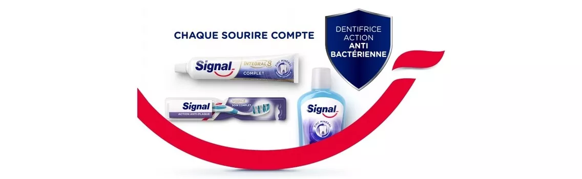 Signal soin expert Intégral 8 dentifrice brosse à dent bain de bouche antibacterien protection complète