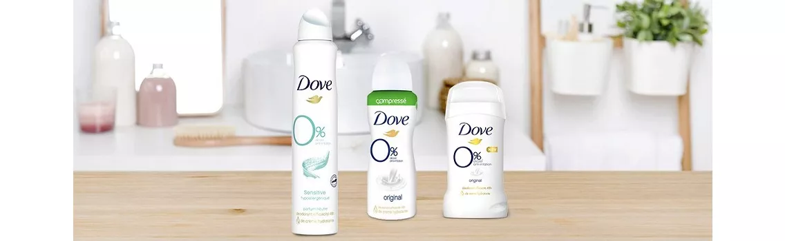 Dove déodorant 0% protection 48h soin stick spray compressé anti-irritation sans alcool
