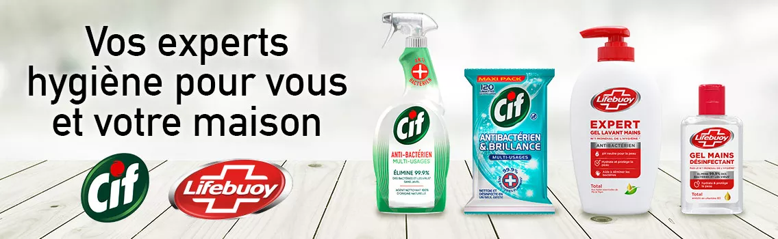 Cif Lifebuoy expert hygiène impeccable antibactérien désinfectant gel hydroalcoolique lavage des mains nettoyage spray lingettes