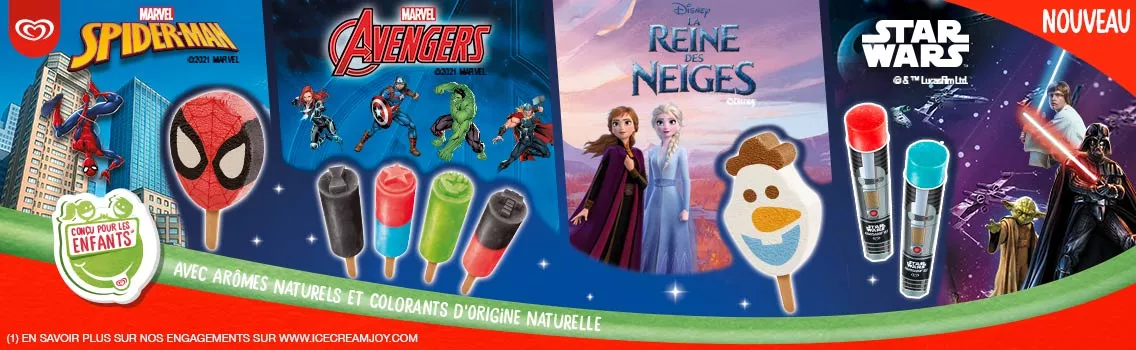 Miko Disney glaces enfants Star Wars Reine des Neiges Olaf Spider-man, Avengers bâtonnets super-héros gourmand
