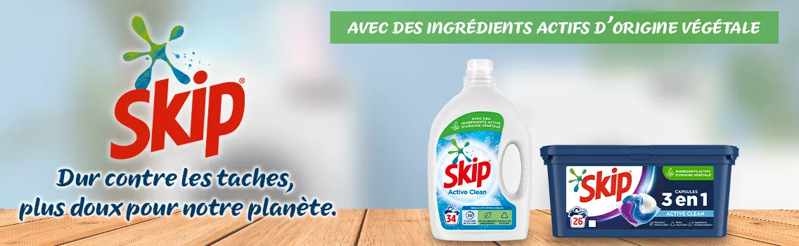 : skip lessive liquide capsules 3 en 1active clean efficace taches linge ingrédients origine végétale