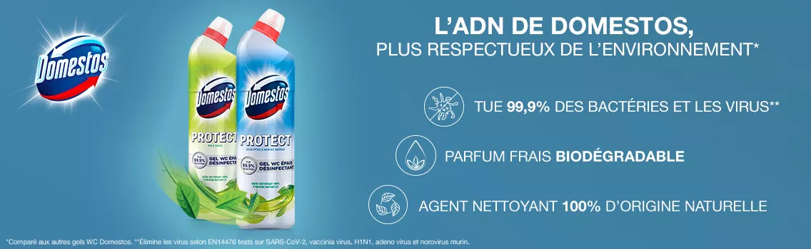 Domestos gel wc désinfectant antibactérien protect parfum frais biodégradable agent nettoyant origine naturelle
