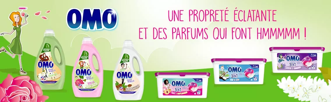 OMO lessive liquide et capsules 3 en 1 propreté éclatante et parfums incroyables et fun.