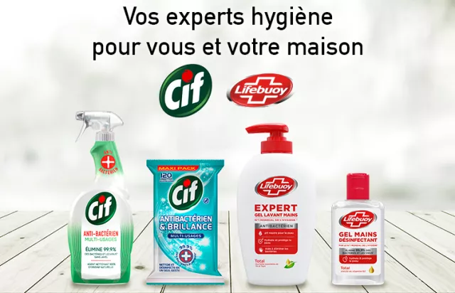 Cif Lifebuoy expert hygiène impeccable antibactérien désinfectant gel hydroalcoolique lavage des mains nettoyage spray lingettes