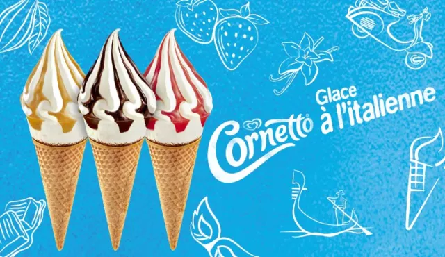 Cornetto nouveau glace à l'italienne à la maison vanille, fraise, chocolat, caramel salé, cône, plaisir