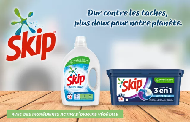 : skip lessive liquide capsules 3 en 1active clean efficace taches linge ingrédients origine végétale