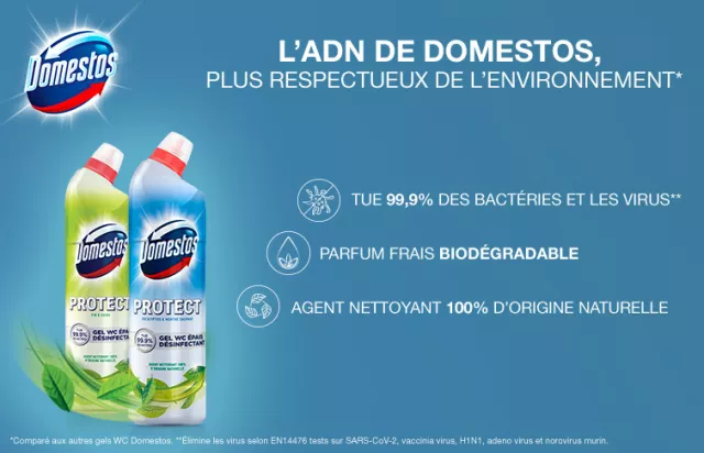 Domestos gel wc désinfectant antibactérien protect parfum frais biodégradable agent nettoyant origine naturelle