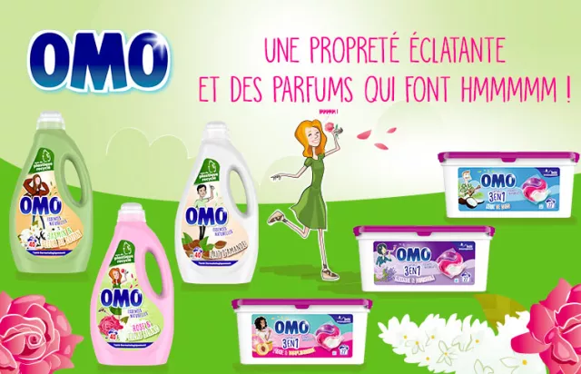 OMO lessive liquide et capsules 3 en 1 propreté éclatante et parfums incroyables et fun.