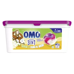 Omo Lessive Capsules 3en1 Jasmin & Fleur de Coton aux essences naturelles et testé dermatologiquement. 