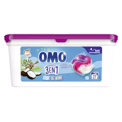 Omo Lessive Capsules 3en1 Noix de Coco aux essences naturelles et testé dermatologiquement. 