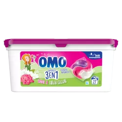 Omo Lessive Capsules 3en1 Rose & Lilas Blanc aux essences naturelles et testé dermatologiquement. 