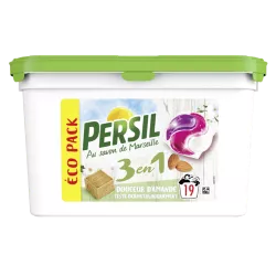 Persil Lessive Capsule 3en1 Douceur d’Amande au savon de Marseille : un soin complet pour un linge propre et frais.