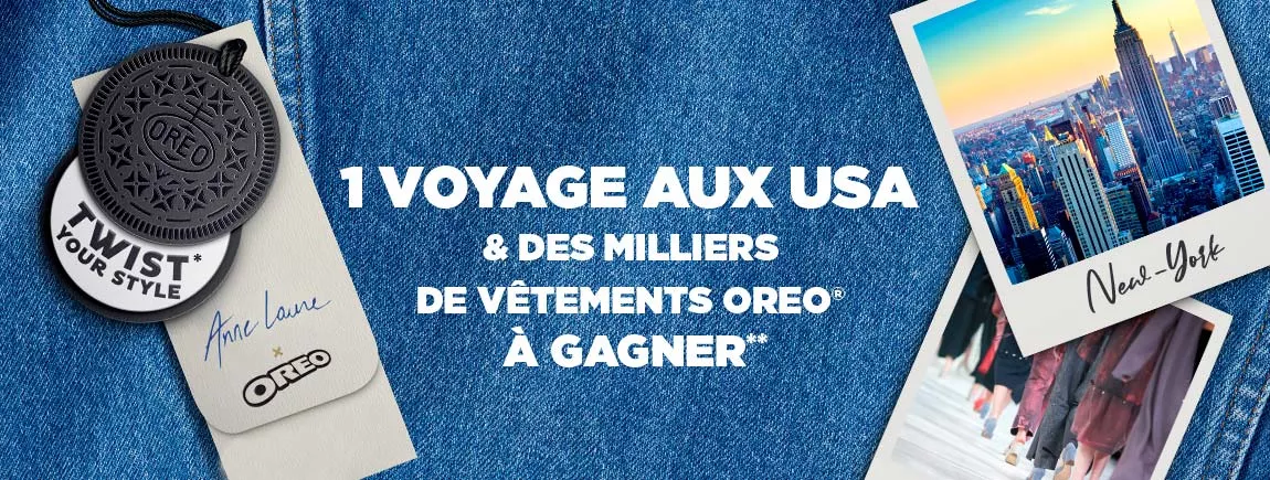 Sur un fond en jean, une étiquette Oreo et des polaroïds entourent le wording de dotations