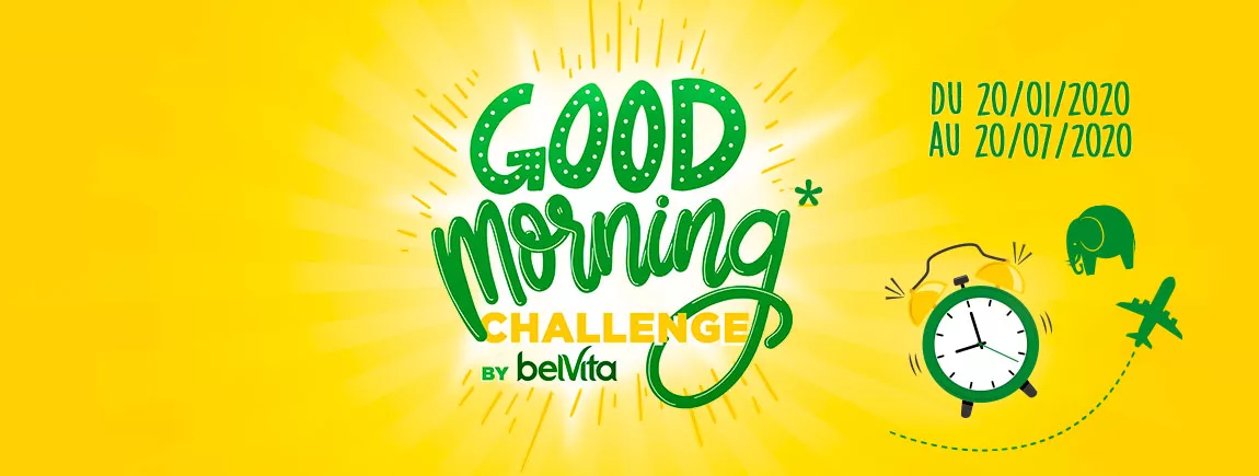 Challengez vos matinées avec belVita® ! Good Morning Challenge au centre sur fond jaune à côté d’un réveil, un éléphant et un avion