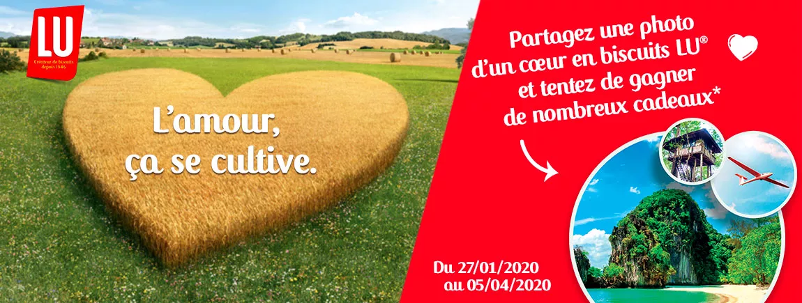 Avec LU : l’amour, ça se cultive ! Un champ de blé en cœur LU® et des destinations de voyages cadeaux sur fond rouge