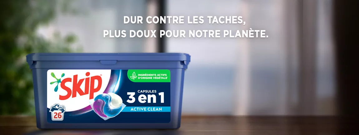 Les nouvelles lessives Skip®, plus douces pour notre planète Bouteille de lessive transparente recyclable Skip®