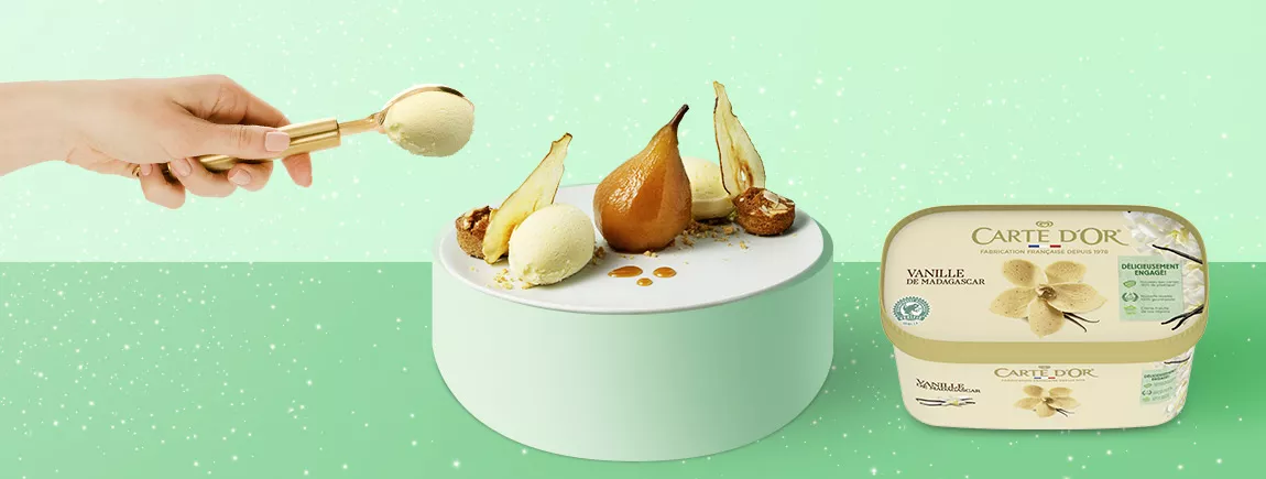 Poire pochée crème glacée à la vanille Carte d’Or®