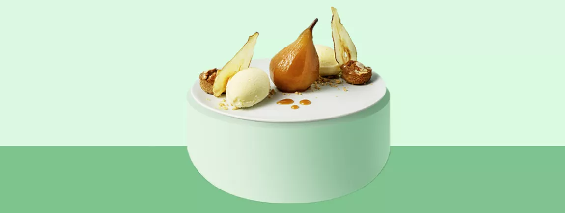 Poires pochées caramélisées & crème glacée vanille avec Carte d’Or Poire – Caramel – Glace – Vanille – Dessert - Recette
