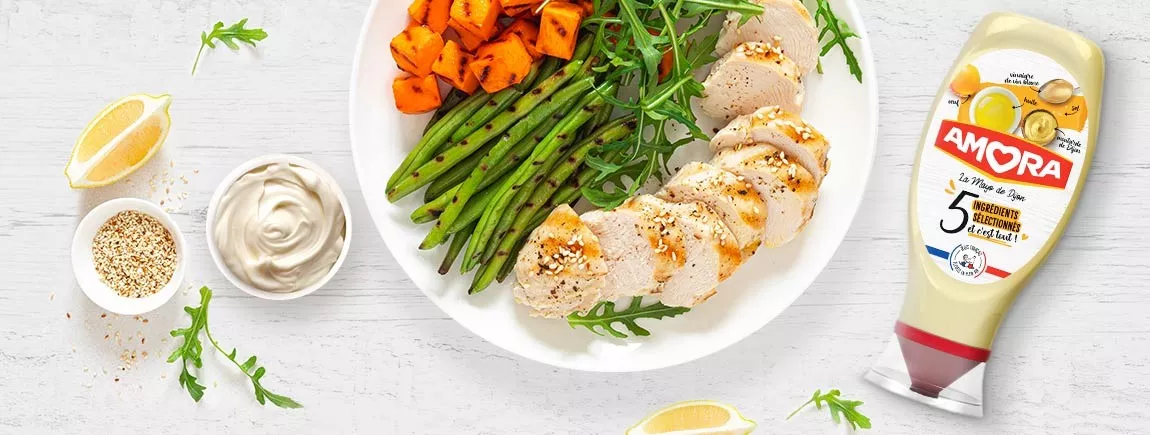 Poulet et légumes de saison avec Amora Un poulet rôti