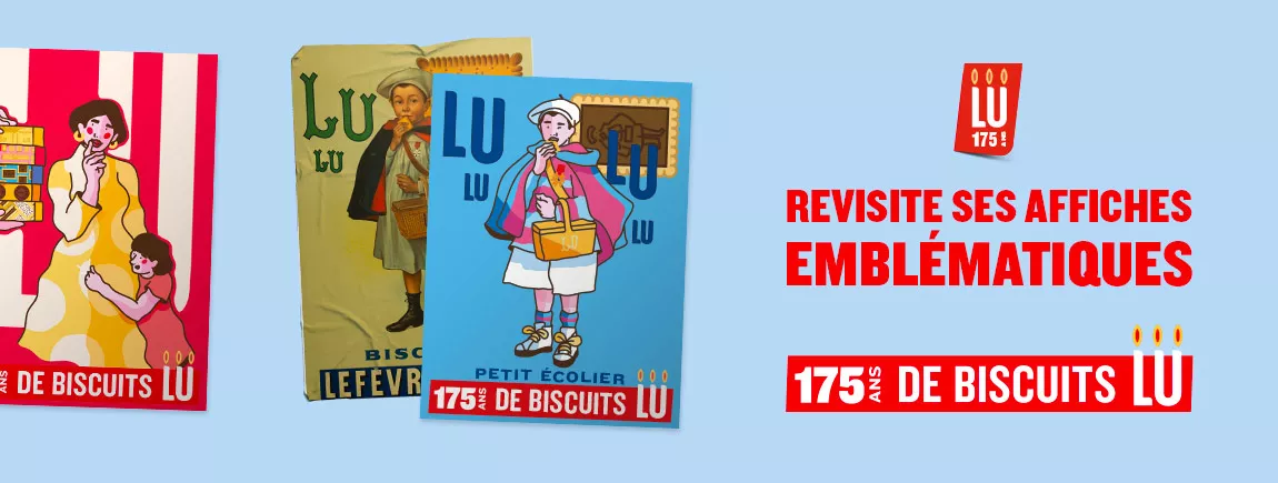 175 ans d'affiches LU... on remonte le temps ? Sur un fond bleu des affiches de LU